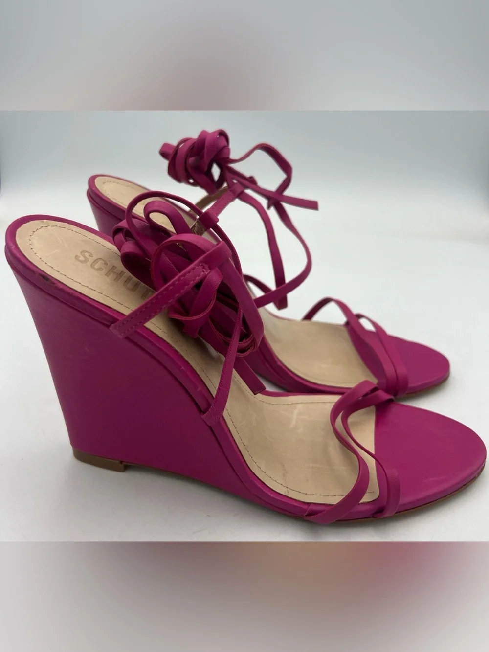 SCHUTZ Deonne Strappy Fuchsia Wedge Nappa Leather Sandals Ankle Strap Size 8.5B